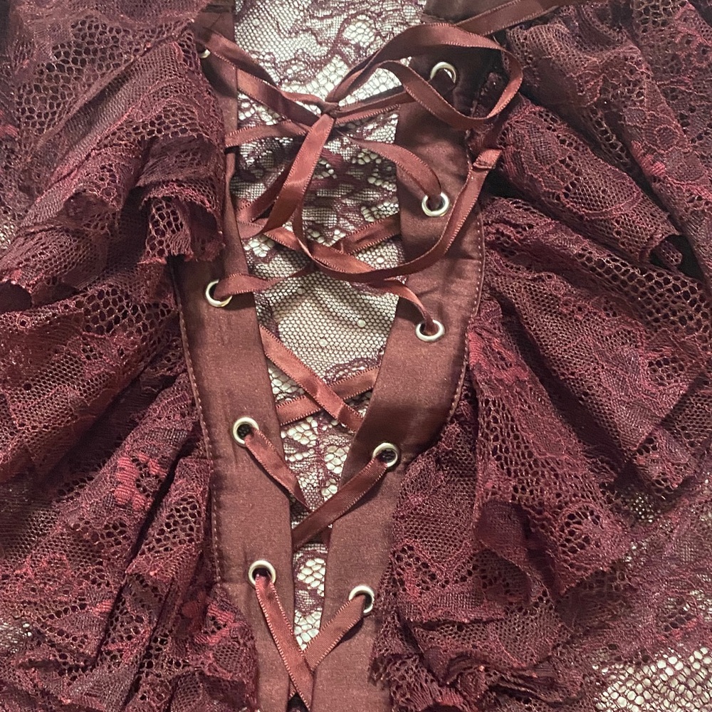 Bebe Maroon Lace-Up Ruffle Bodysuit - Picture 5 of 6